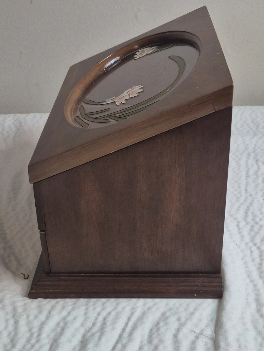 Vintage Wood Jewelry Box w/ Mirror, Floral Glass Lid, Drawers, Brown 11in 25+ pc